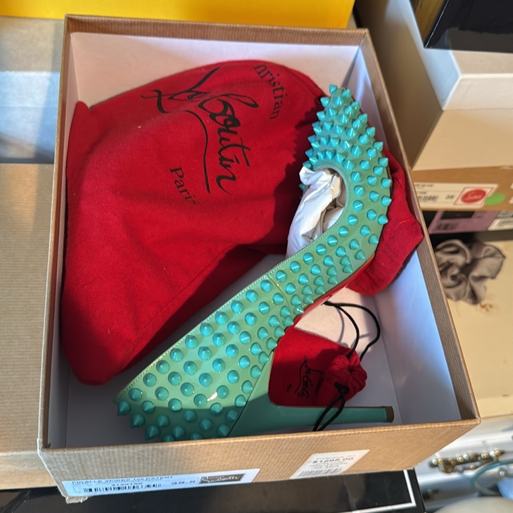 Christian Louboutin Women's Spiked Turquoise Heels - Picture 8 of 9